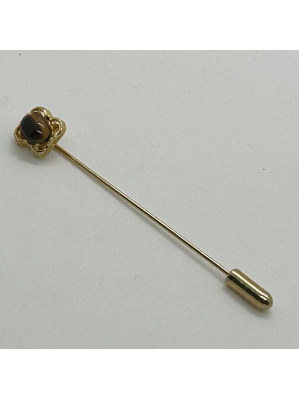 Vintage Gold Stick Pin With Ornate Filigree & Tigers Eye Gemstone For Lapel Hat